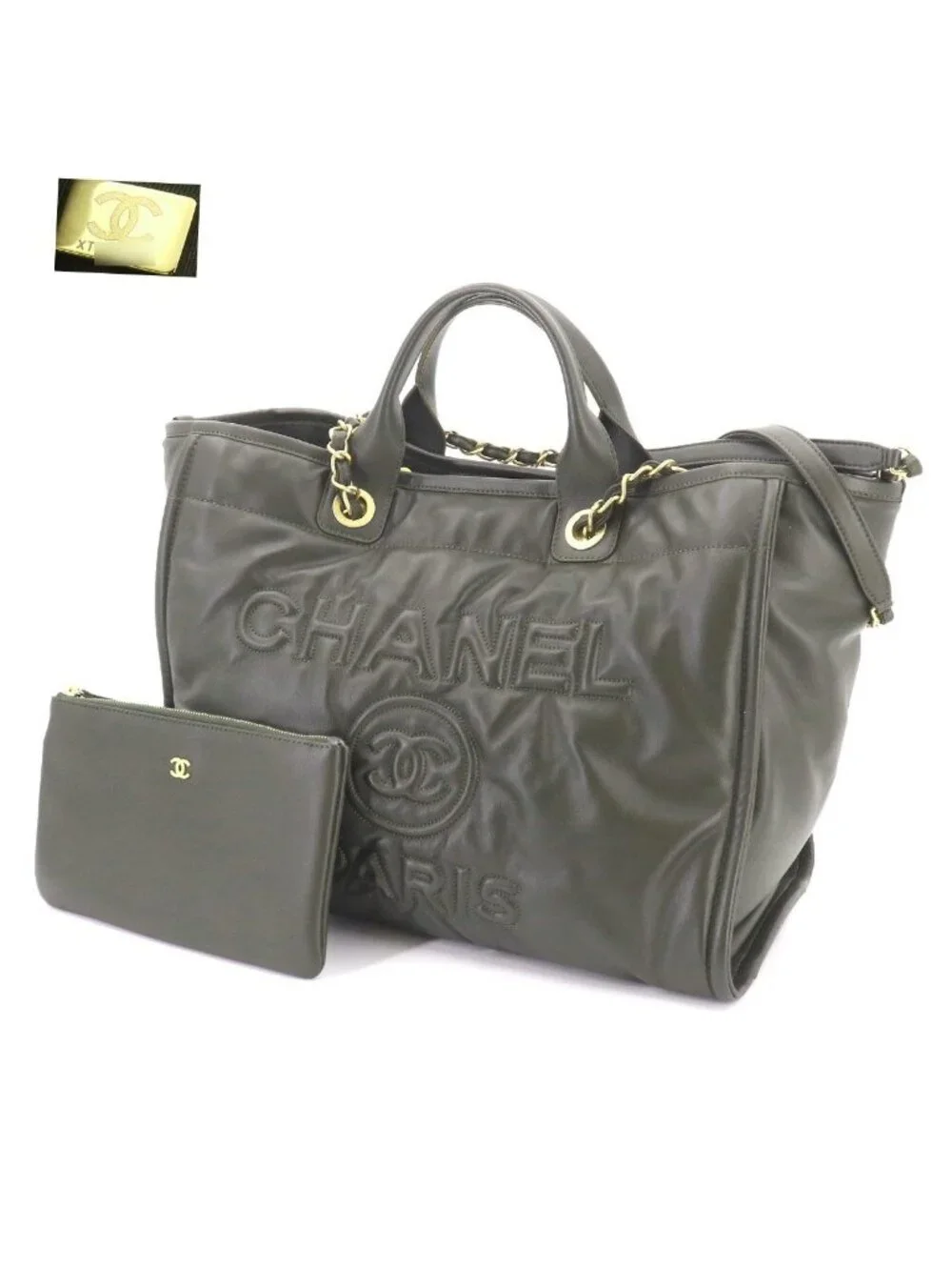 Chanel Deauville GM 2-Way Tote Chain Shoulder Bag Leather Khaki